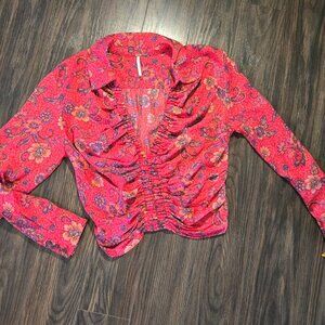FREE PEOPLE 70's/Boho Style Red Floral Crop Top w/ Long Sleeves NWOT/SIZE L